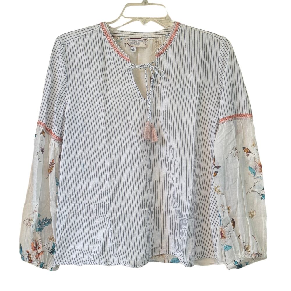 Johnny Was Workshop Peasant Blouse Womens XS Floral Striped Embroidered Tassels